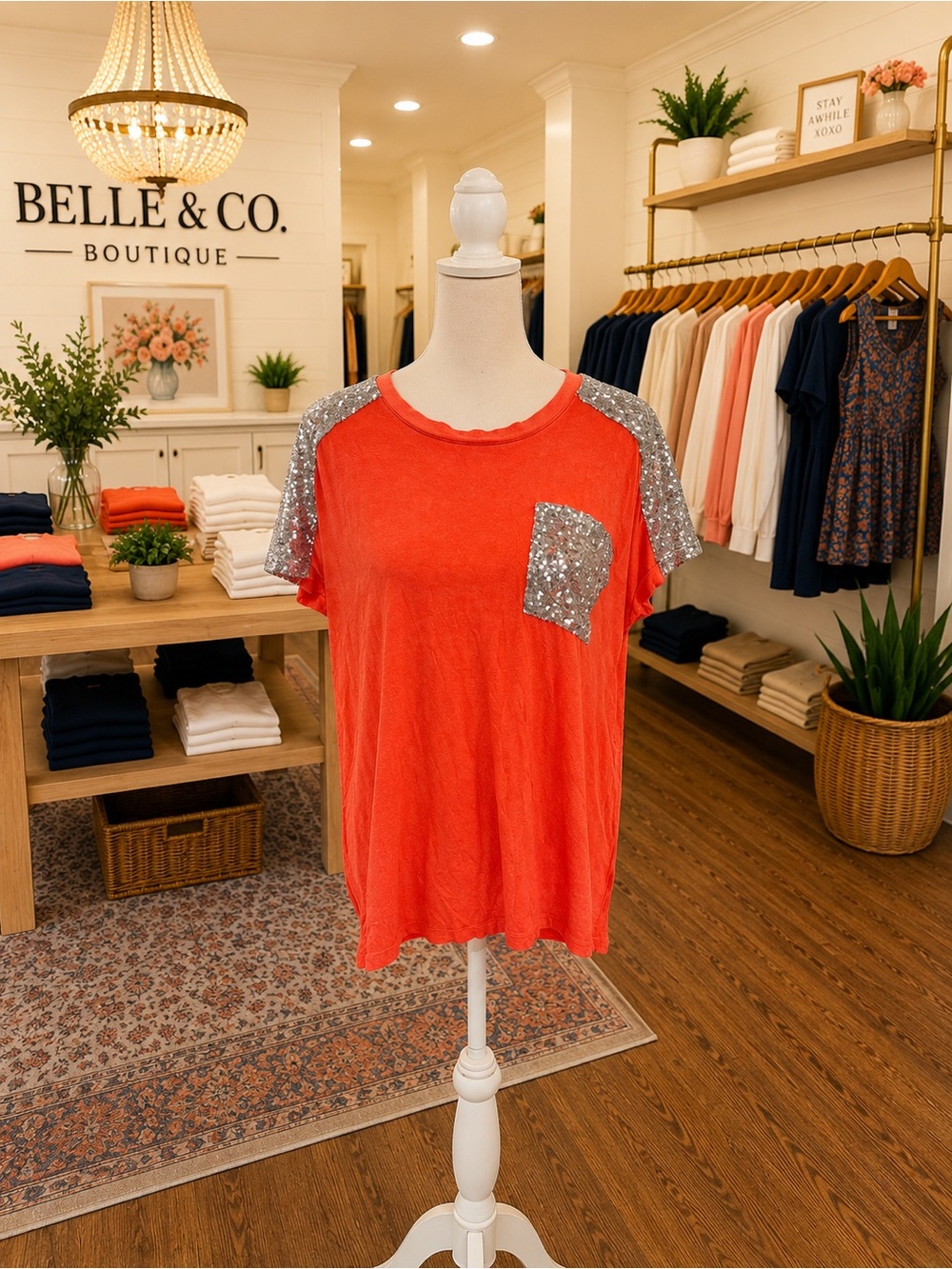 POL Bright Coral Sequin Pocket Tee Top Small Orange Silver Short Sleeve